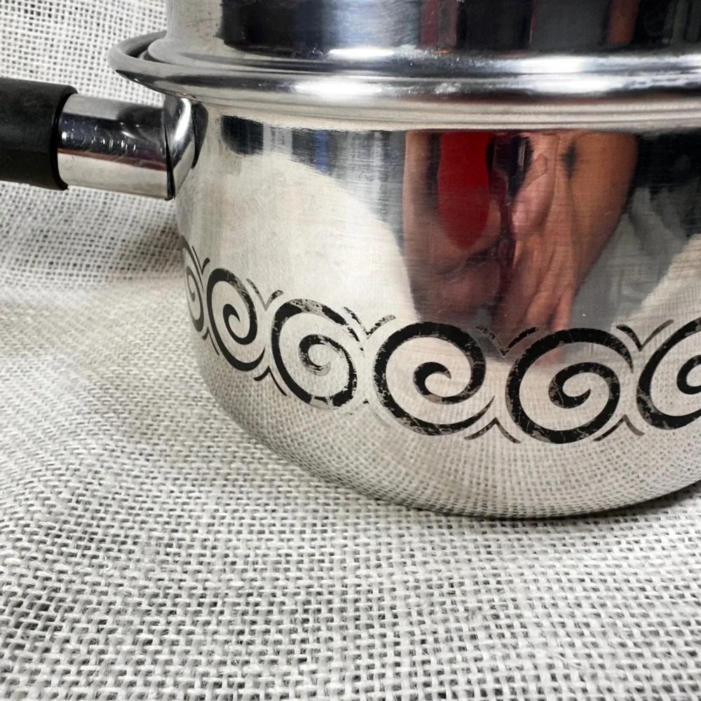Vintage EKCO 1.5 Qt Saucepan with Lid Black Scroll Stainless Steel MCM Retro